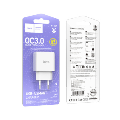 Блок питания сетевой 1 USB HOCO C140A Smart, PD18Вт, QC3.0, цвет: белый (1/36/216)