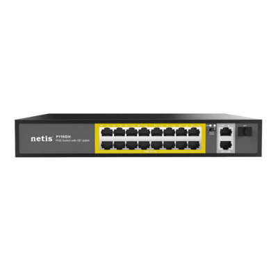 Неуправляемый 16-портовый PoE+ коммутатор NETIS P116GH, / 16FE*PoE+ (802.3af/802.3at) / 2*GE / 1*SFP Gigabit (1/10)